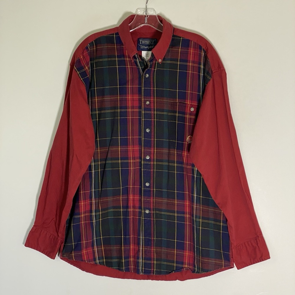 Wrangler Twenty X Shirt Mens Large Red Blue Plaid Cotton Western Cowboy Rodeo L